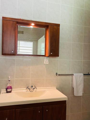 a bathroom with a sink and a mirror at Paradise Palms in Francistown