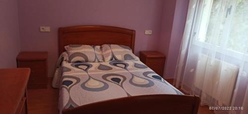 a bed in a purple room with a bedspread and a window at La Niña in Tineo