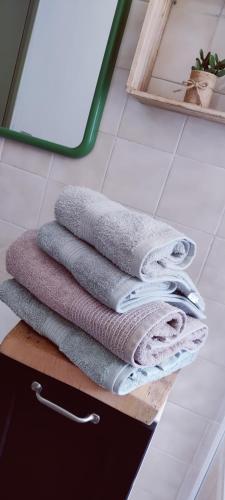 - une pile de serviettes sur une étagère dans une salle de bains dans l'établissement Studio confort montagne, à Aulus-les-Bains