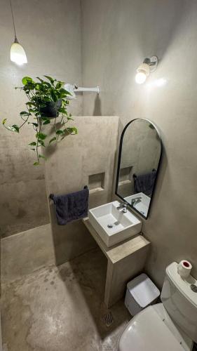 a bathroom with a sink and a mirror and a toilet at Dos habitaciones en casa colonial familiar con piscina en el centro de Asunción in Asuncion