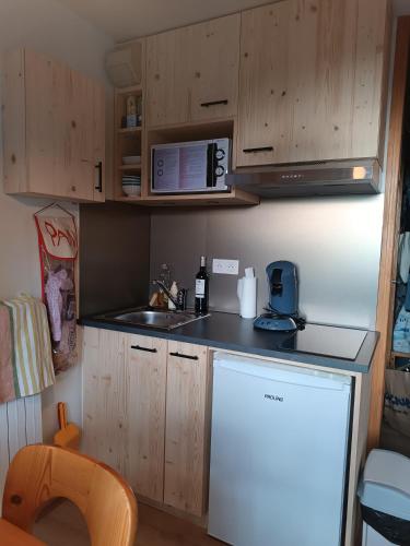 Elle comprend une petite cuisine équipée d'un réfrigérateur blanc et de placards en bois. dans l'établissement Appartement avec 1 chambre, à Bernex