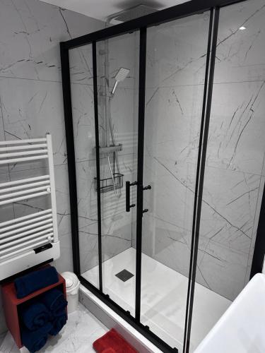 une douche avec une porte vitrée dans une salle de bain dans l'établissement Club multisports inclus Piscine chauffée jusqu'au 02 Novembre,CAP ESTÉREL Appartement Très spacieux en REZ de JARDIN, à Saint-Raphaël