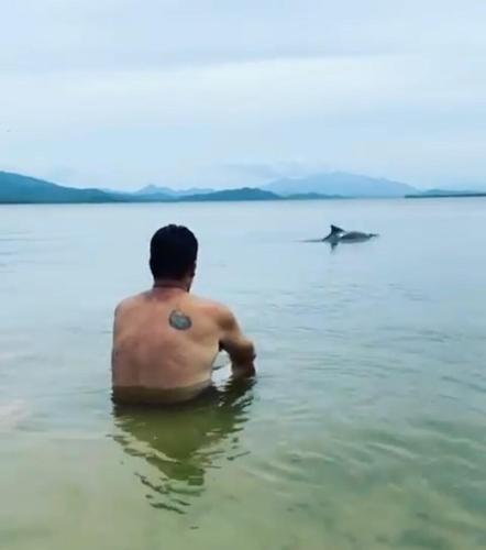 a man in the water with a shark in the water at Lindo Apartamento de 2 quartos a 100 metros da praia in Ilha Comprida