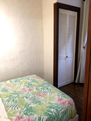 - une chambre avec un lit et un placard avec une porte dans l'établissement Joli Appartement T2, à Saint-Jean-Pied-de-Port