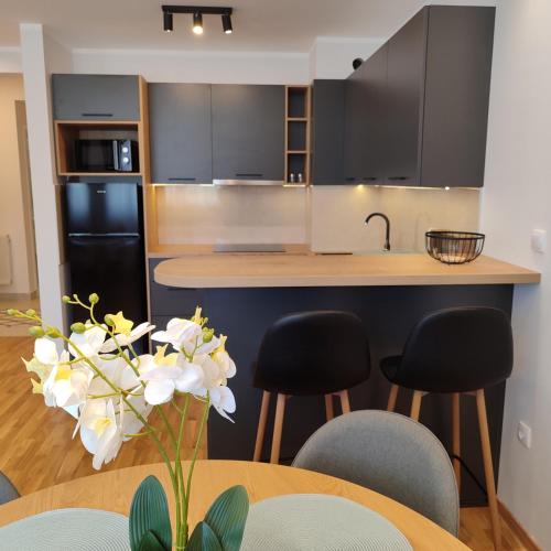 a kitchen with a table and chairs and a counter top at Apartman Višnja in Pale