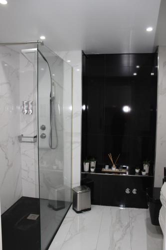 a bathroom with a shower with a glass door at Loft Prestige in Leiria