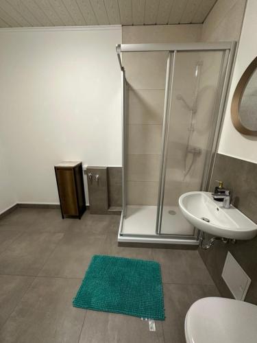 a bathroom with a shower and a sink at Ferienwohnung HY in Hoyerswerda