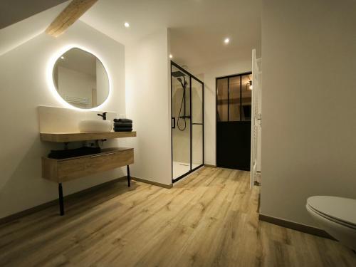un baño con lavabo y espejo en Gîte Champagne Philippe Moutardier - Chambre Réserve, en Chézy-sur-Marne