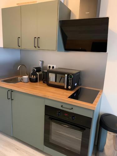 un comptoir de cuisine avec un micro-ondes et un évier dans l'établissement Escale Élégante Nancy, à Nancy