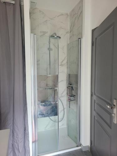 une douche avec une porte vitrée dans une salle de bain dans l'établissement Maison calme et moderne, à Engenville