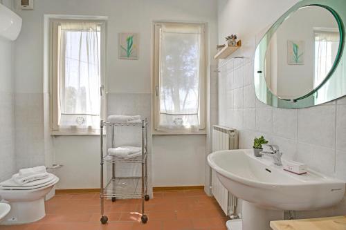 Un baño con lavabo, inodoro y espejo. en Cozy Counrtry House, en Terranuova Bracciolini