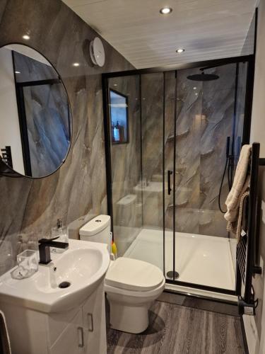a bathroom with a toilet and a sink and a shower at The Stables by Blake View Holidays, comprising The Nest, The Drey, The Burrow and the Den, 3 miles from Ennerdale in Rowrah