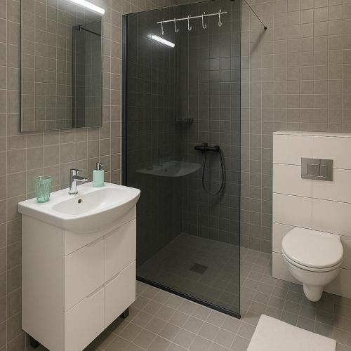 a bathroom with a shower and a sink and a toilet at Velora apartments in Subotica