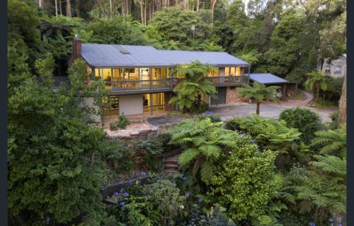 an aerial view of a house in the woods at Forest Hideaway - with Sauna in Menzies Creek