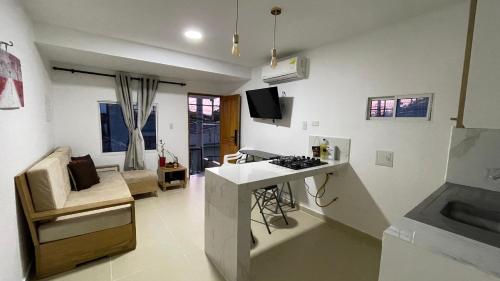 a kitchen and living room with a stove and a counter at Holtalia in Santiago