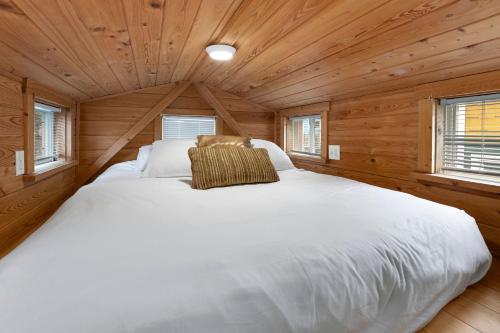 a large white bed in a wooden room with windows at Riverside Colorado in Bellvue