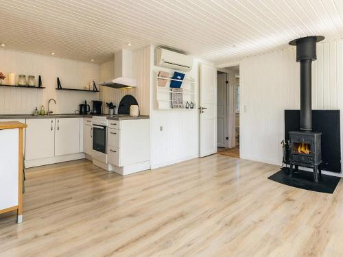 a kitchen with a wood stove in a room at Cozy Summer House Near Ore Strand in Vordingborg
