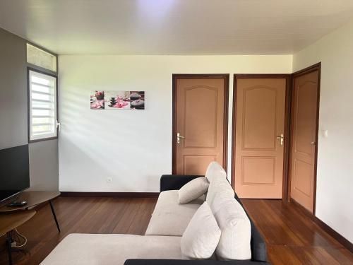 a living room with a couch and a tv at Gîte des Flamboyants Luna Pk 14 in Kourou