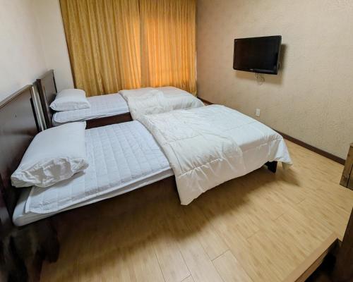2 camas en una habitación de hotel con TV en 最大23名宿泊 源泉温泉 ホームシアター 客室8部屋 那須グリーン温泉, en Nasu