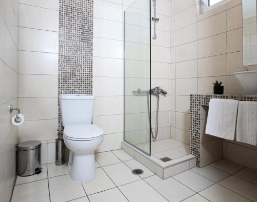a bathroom with a toilet and a shower at Hotel Astron in Kardítsa