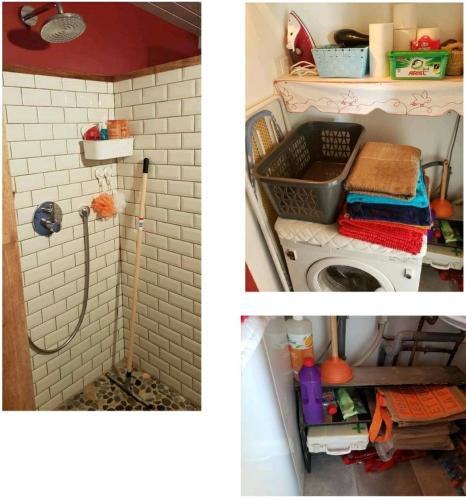 - deux photos d'une salle de bains avec un lavabo et un lave-linge dans l'établissement ARCADAMOUSSE Maison en bord de mer Granville baie du Mont Saint Michel, à Granville
