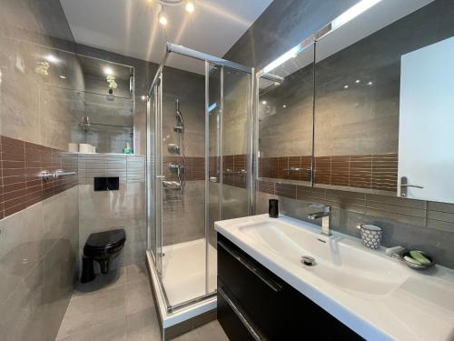 une salle de bain avec un lavabo et une douche dans l'établissement Arcachon - Beau T2 avec grande terrasse vue port - FR-1-420-158, à Arcachon