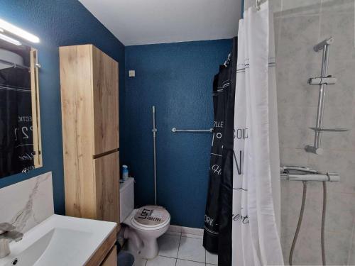 La salle de bains est pourvue de toilettes et d'une douche avec rideau de douche. dans l'établissement Appartement rénové à Marseillan avec terrasse ensoleillée - FR-1-387-213, à Marseillan