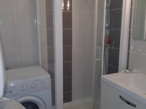 une salle de bain avec une machine à laver et un lavabo dans l'établissement Deux-Pièces 4 Pers. Centre Ajoût Récemment rénové - FR-1-750-93, à Canet