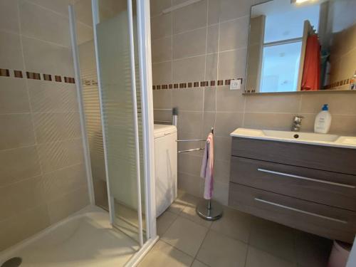 une salle de bain avec douche et lavabo dans l'établissement Appartement 3 pièces, proche plage, parking - FR-1-750-94, à Canet