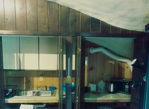 a kitchen with glass cabinets and a sink at HOUSE Of THE FUTURE IN THE WOODS OF WEST LANSING in Lansing
