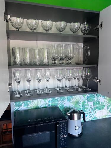 a row of wine glasses on a shelf above a microwave at Green- Guest Apartment- Tapa in Tapa