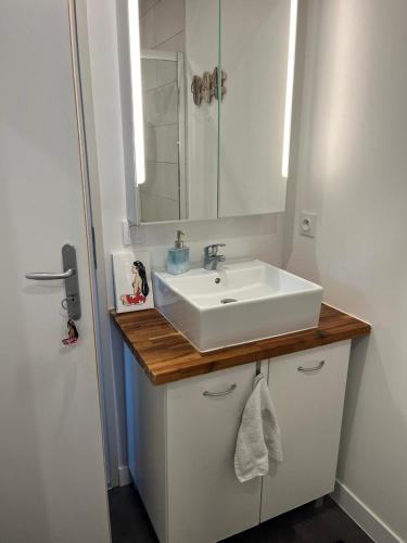 une salle de bain avec un lavabo blanc et un miroir dans l'établissement Le Chalet Beach Access 8 Pers, à Gruissan