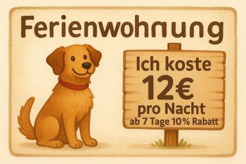 a sign with a dog sitting next to a sign at Ferienwohnung Parkblick im Badehaus in Schweizermühle