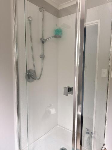 a bathroom with a shower with a glass door at West Lake one bedroom accommodation in Christchurch