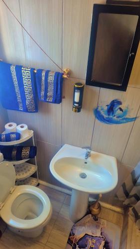 a bathroom with a sink and a toilet and a tv at Little Haven! in Rustenburg