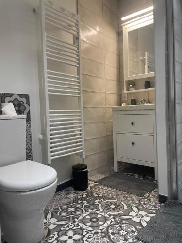 une salle de bain avec toilettes et lavabo dans l'établissement Appartement 4 étoiles dans propriété classée, à Capbreton