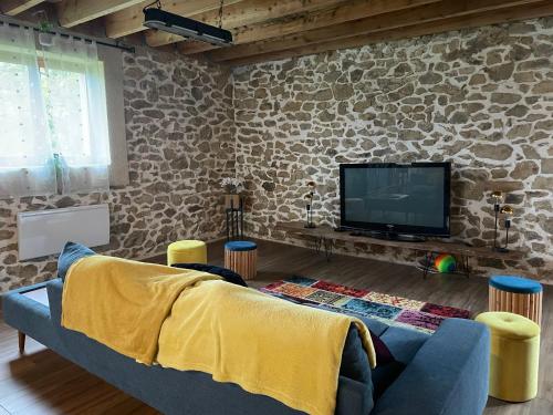 a living room with a blue couch and a tv at Grande maison conviviale in Neuvic-Entier