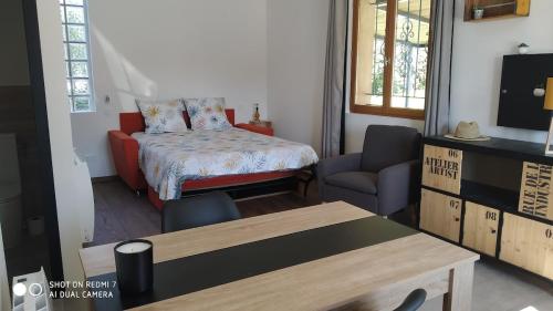 a small living room with a bed and a couch at Studio Cozy, Vallée de la Saulx in Trémont-sur-Saulx