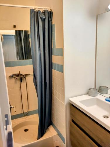 une salle de bain avec douche et lavabo dans l'établissement Le repaire du randonneur, à Lompnes