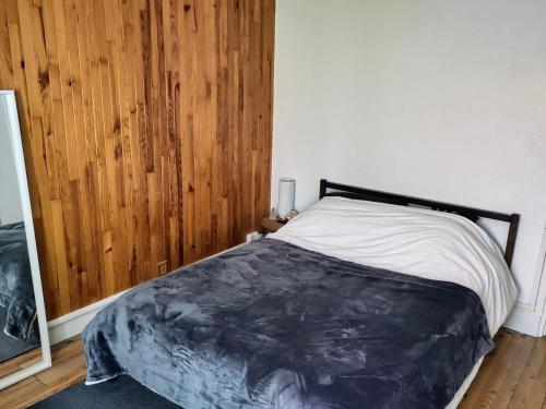 Ce lit se trouve dans une chambre dotée d'un mur en bois. dans l'établissement Le repaire du randonneur, à Lompnes