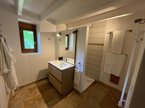 une salle de bain avec un lavabo et un miroir dans l'établissement Maison Périgourdine près de Bergerac avec Spa privé, à Monsac