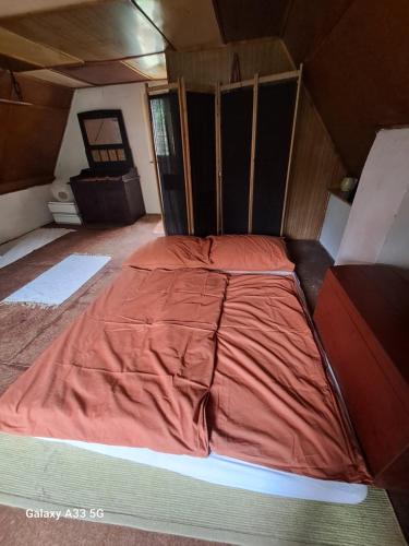 a large orange bed in a small room at Chata Na Palouchu in Komorovice