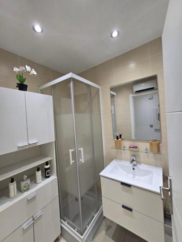 une salle de bain avec douche et lavabo dans l'établissement Sunny Prom Studio, à Nice