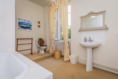 a bathroom with a sink and a toilet at Chateau de la Guerinchie, beautiful 7 bedroom castle in the heart of the Dordogne in Thiviers