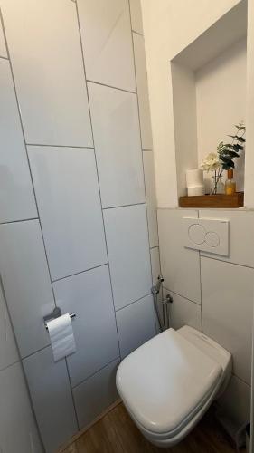 La salle de bains est pourvue de toilettes blanches et d'un distributeur de papier toilette. dans l'établissement Appartement 2 pieces centre Menton jardin Bioves, à Menton