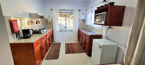 a small kitchen with a refrigerator and a microwave at Favored Haven in Sarava