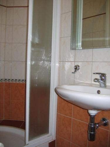 a bathroom with a sink and a shower at Avanta in Liepāja