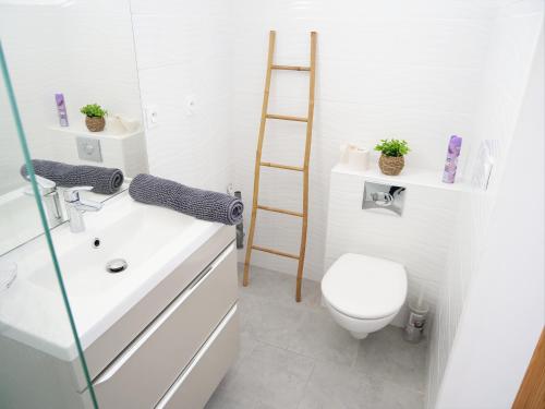 La salle de bains blanche est pourvue de toilettes et d'une échelle. dans l'établissement Appartements des Launes, à Saintes-Maries-de-la-Mer