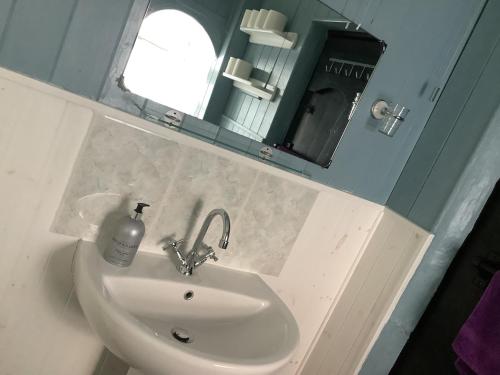 a bathroom with a white sink and a mirror at The Old Stables in Bryngwran