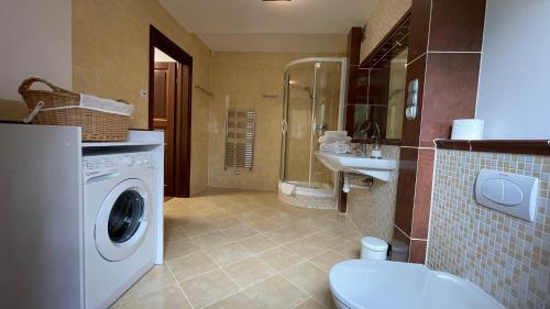 a bathroom with a washing machine and a sink at Villa Romana Mazury in Jeziorowskie
